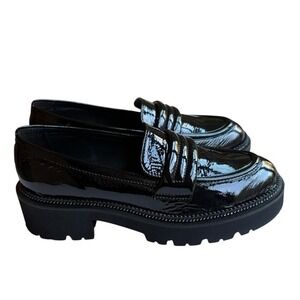Antica Cuoieria Rhinestone Trim Black Patent Leather Chunky Lug Sole Loafers  38